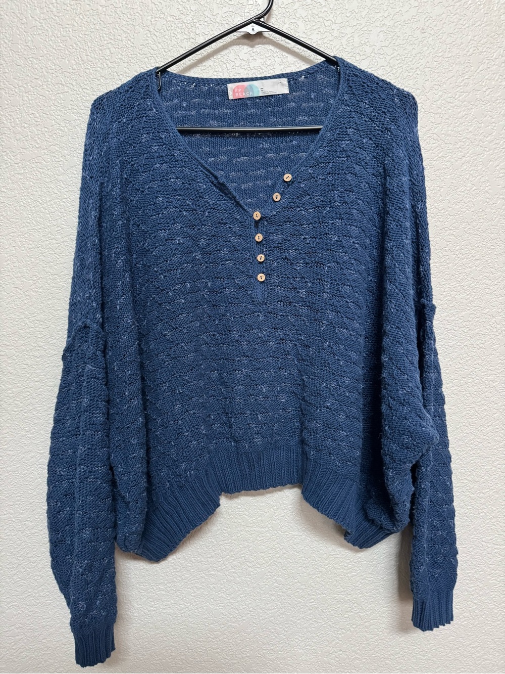 Free People Beach Textured Knit Pullover Sweater Blue Women’s M Fall Travel